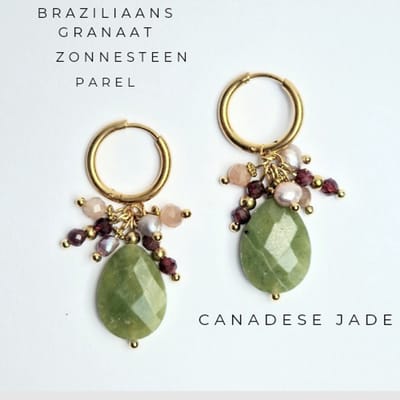 Cluster oorhangers met (half)edelsteen hanger - Canadese Jade - Braziliaans Granaat - Zonnesteen - Zwarte zoetwaterparel - Groene Damesoorbellen