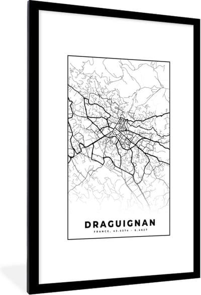 Fotolijst incl. Poster Zwart Wit- Plattegrond - Draguignan - Kaart - Frankrijk - Stadskaart - Zwart wit - 80x120 cm - Posterlijst