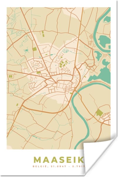 Poster België - Stadskaart - Plattegrond - Maaseik - Kaart - 120x180 cm XXL