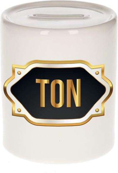Spaarpot met voornaam Ton - wit - met goud/zwart embleem - 8 x 9 cm - keramiek - met afsluitdop - cadeau verjaardag