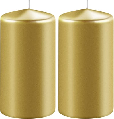 2x Metallic gouden cilinderkaarsen/stompkaarsen 6 x 8 cm 27 branduren - Geurloze kaarsen metallic goud - Woondecoraties