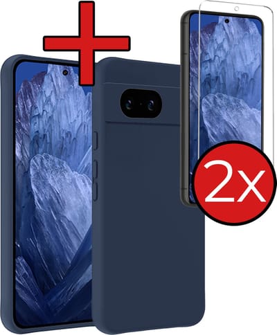 Hoesje - Met 2x Screenprotector - Geschikt voor Google Pixel 8a - Sterk & Shockproof - Telefoon Hoes - Back Cover - Siliconen Case - Telefoonhoes - Donkerblauw
