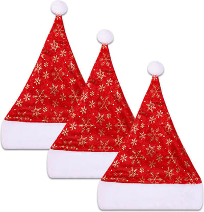 Q2P - Kerstmuts - Sneeuwvlokken - Volwassenen - Kind - Kerstkleding - Kerstversiering - One Size - Rood - Goud – 3 Stuks