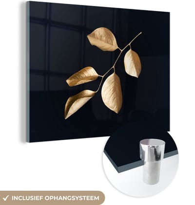 MuchoWow® Glasschilderij 160x120 cm - Schilderij acrylglas - Bladeren - Tak - Goud - Luxe - Foto op glas - Schilderijen