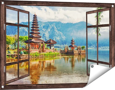 Gards Tuinposter Doorkijk Pura Tempel in Bali op het meer Beratan - 90x60 cm - Tuindoek - Tuindecoratie - Wanddecoratie buiten - Tuinschilderij