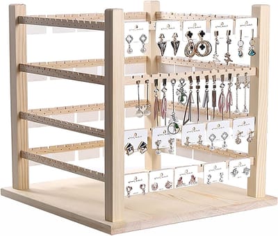Sieraden Organizer - Juwelenstandaard Toren - Sieraden Presenteren - Massief Houten Constructie - 37x37x38cm - Houtkleur