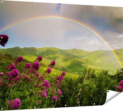 Gards Tuinposter Regenboog in de Heuvel Bossen - 160x120 cm - Tuindoek - Tuindecoratie - Wanddecoratie buiten - Tuinschilderij