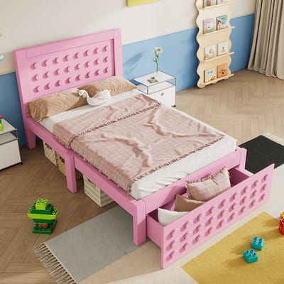 Komhtom Houten eenpersoonsbed 90 x 200 cm, kinder-/tienerbed met creatief blokkenontwerp, massief houten frame met lattenbodem, lades en opbergruimte onder het bed, roze, zonder matras