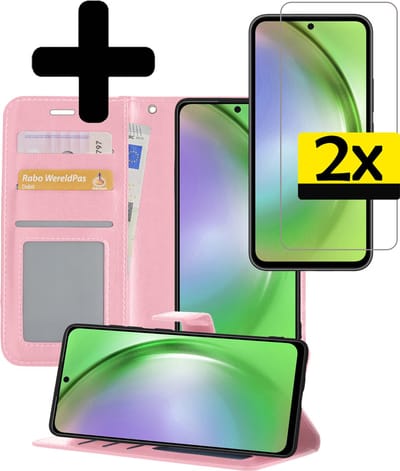 Hoesje - Met 2x Screenprotector - Geschikt voor Samsung Galaxy A54 - Luxe Pasjeshouder - Bookcase Portemonee - Flip Case - Kunstleer Book Case - Flipcase Hoes - Book Cover - Walletcase - Portemonneehoes - Telefoonhoesjes - Lichtroze