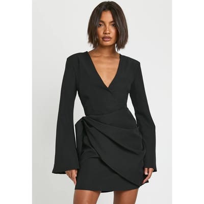 boohoo Dames Lange kraagloze blazerjurk met drapering en banden op de taille | Black | Maat: 6