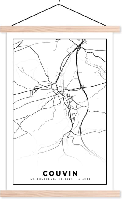 Posterhanger incl. Poster 40x60 cm - Schoolplaat - Plattegrond – Couvin – Zwart Wit – Stadskaart - Kaart - België - Textielposter - Blanke latten - Stadskaart
