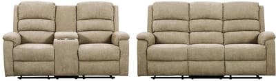 Vente-unique Elektrische relax-3-+2-zitsbank van taupe stof met plankje NEVERS