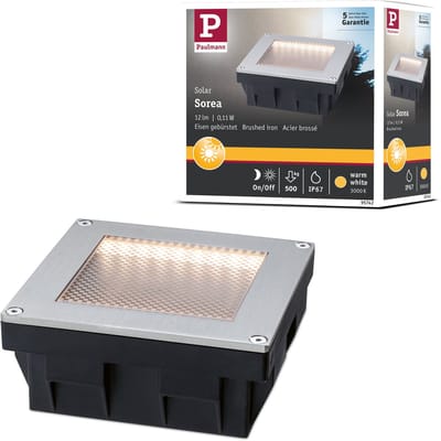 Solar LED-grondinbouwlamp Sorea Schemerings-sensor IP67 hoekig 100x100 mm 3000K 0,1W 6lm 3,7V Staal geborsteld ABS, Polycarbonaat, edelstaal