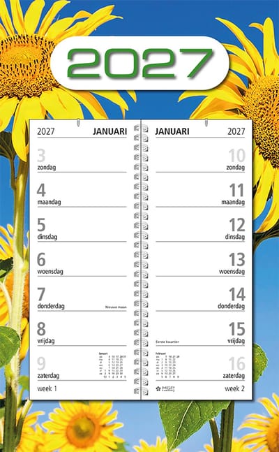 MGPcards - Omlegweekkalender 2027 - Week begint op zondag - 21 x 34 cm - Zonnebloem