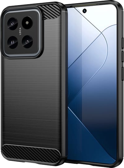 MobyDefend Hoesje - Geschikt voor Xiaomi 14 - TPU Backcover - Geborstelde Metaal & Carbon-Look - Zwart