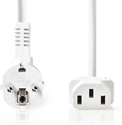 Nedis Stroomkabel - Type F (CEE 7/7) Male - IEC-320-C13 - Gehoekt - Recht - Vernikkeld - 10.0 m - Rond - PVC - Wit - Doos