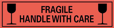 Fragile handle with care sticker, oranje zwart 200 x 50 mm