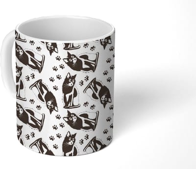 Mok - Koffiemok - Patronen - Kat - Zwart - Wit - Jongens - Meisjes - Kinderen - Kind - Mokken - 350 ML - Beker - Koffiemokken - Theemok