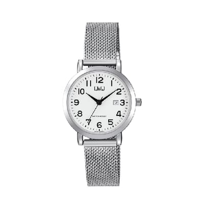Q&Q-dameshorloge-model a47a-001-datum-zilverkleurig-Milanese band-verstelbare band-diameter 31 mm-3 atm waterdicht-duidelijke wijzerplaat
