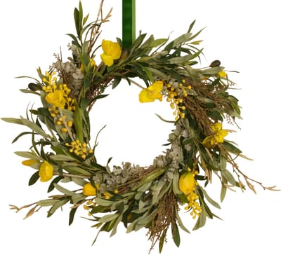 WinQ-Kunstkrans Olijf Geel 50cm –Tafelkrans-Paaskrans- Olijfkrans met Tulpen, Papaver en Eucalyptus-