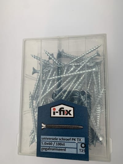 Hout schroef. 5.0 x 60mm. Lang. platkop-torx- 30. Verzinkt. 100 stuks universele spaanplaat schroeven. Ifix.