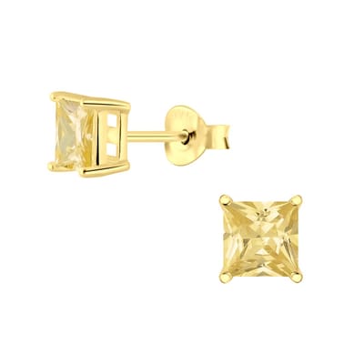 Joy|S - Zilveren vierkant oorbellen - 5 mm - zirkonia champagne geel - gold plated