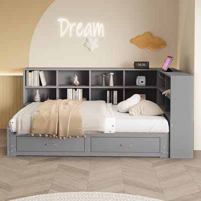Komhtom Massief houten bank 90/180*190 cm, met uitschuifbaar bed, opbergvak, multifunctioneel euro-stopcontact, lades, lattenbodem, multifunctioneel eenpersoonsbed van hout, grijs