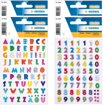 Herma stickervellen letters en cijfers - 4x vellen - gekleurd 3D effecct - 8 mm - watervast