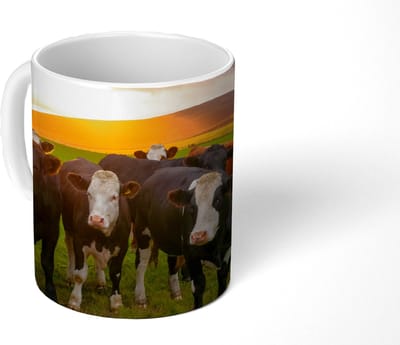 Mok - Koffiemok - Koeien - Heuvels - Zonsondergang - Gras - Groen - Mokken - 350 ML - Beker - Koffiemokken - Theemok