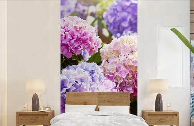 Behang - Fotobehang Bloemen - Hortensia - Roze - Bladeren - Zon - Breedte 120 cm x hoogte 240 cm