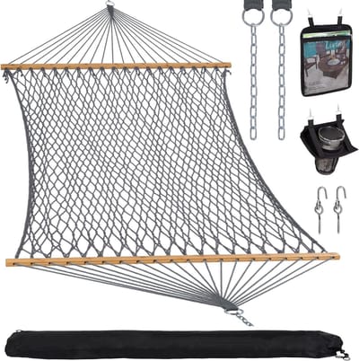 SUNCREAT Dubbele Outdoor Hangmat, Polyester Touw Hangmat Met Bamboe Spreader Bar, Grijs
