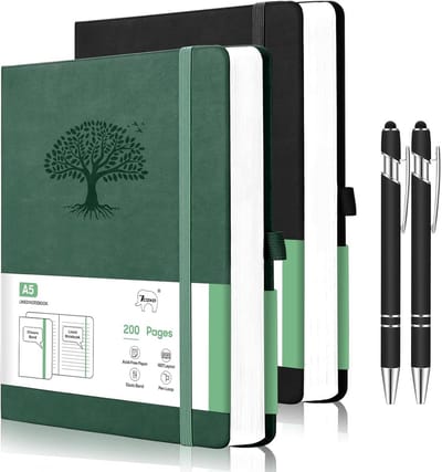 SnelShoppen - 2 Pack Hardcover Notebooks A5 - Leer Notitieboeken met Pennen, Waterproof PU Leer, College Ruled, Groen & Zwart, Perfect voor Werk en St