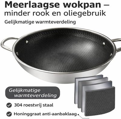 Wokpan met Deksel - Roerbakpan - Gezond Koken - Honingraat Anti-aanbaklaag - 40 cm Diameter - Zilver