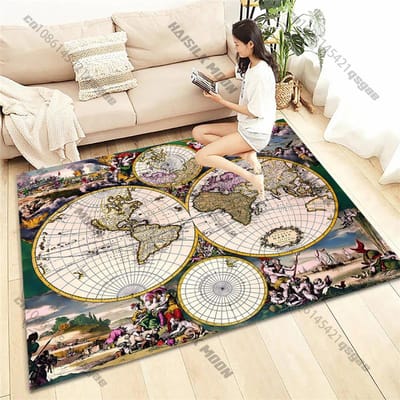 Middeleeuwse Vintage Oceaan Kaart Bedrukt Tapijt Grote Maten Vloerkleden voor Slaapkamer Speelkamer Kantoor Antislip Mat Tien Festivals Cadeau 40x60cm (16x24in)