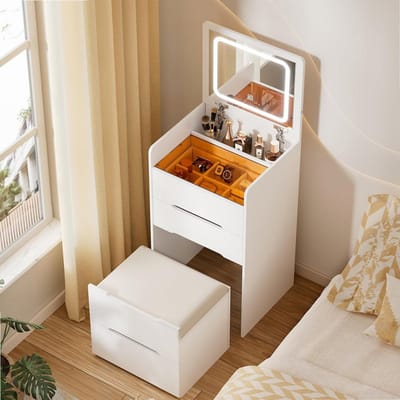 Make-uptafel met inklapbare spiegel en ledverlichting, 3-in-1, toilettafel voor slaapkamer, kaptafel met zichtbaar glasplaat, compact met 3 laden en gevoerde kruk, badkamertafel