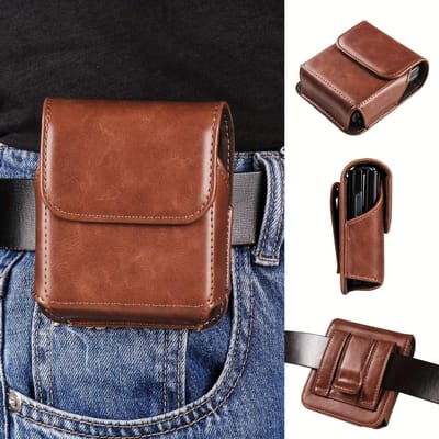 Opvouwbare telefoon heuptas telefoon beschermhoes, leren tas met riemclip, geschikt voor lamsleer patroon opvouwbaar scherm.zwq black