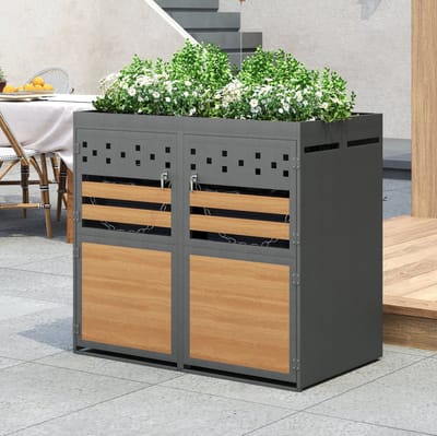 MIVRAY Containerberging – 2-Delig Voor 2 Containers van 120-240 Liter – 132 x 80 x 125 cm – Metaal – Grijs en Naturel – Afsluitbaar met Plantdak