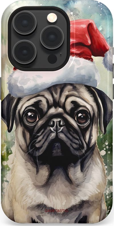 Casetastic hoesje geschikt voor Apple iPhone 15 Pro - MagSafe - Dubbellaagse bescherming - Aquarel Kerstmis Pug Hond - Fashion Case - Grijs Taupe Donkergrijs Saliegroen