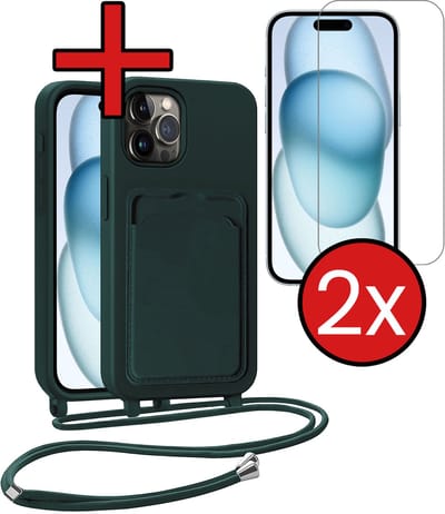 Hoesje Geschikt voor iPhone 14 Pro Hoesje Met Telefoonkoord en Pasjeshouder Met 2x Screenprotector Siliconen - Hoes Geschikt voor iPhone 14 Pro Hoesje Met Kaarthouder Case - Donkergroen