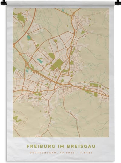 Wandkleed - Wanddoek - Freiburg im Breisgau - Kaart - Stadskaart - Vintage - Plattegrond - 120x180 cm - Wandtapijt