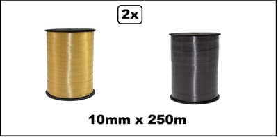 2x Krullint goud en zwart 10mm x 250meter - krul lint thema feest decoratie kado kado gold verjaardag