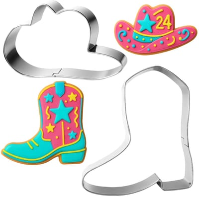 Dailygoods - 2-delige set uitsteekvormen van roestvrij staal met cowboy motieven: schattige uitsteekvorm met cowboyhoed, met cowgirl-laarzen, rustieke westernkoekjessnijder, grappige uitsteekvormen