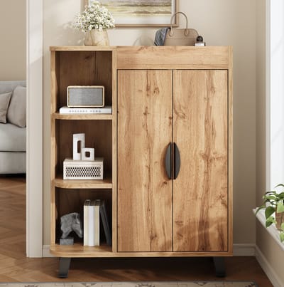 Schoenenkast - Smal Met Open Vakken En Dubbele Deuren - Voor Hal En Kleine Ruimtes - Spaanplaat Naturaal - 80 x 32 x 99 cm