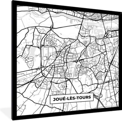 Fotolijst incl. Poster Zwart Wit- Frankrijk - Joué-lès-Tours - Plattegrond - Stadskaart - Kaart - Zwart wit - 40x40 cm - Posterlijst