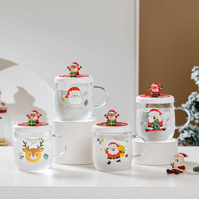 Kerstcadeau Glas met Deksel Cartoon Waterbeker voor Huishoudelijk Gebruik Set van Geschenkbekers met Hoge Uitstraling en Grote Capaciteit 500ML white