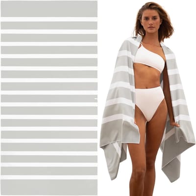 Strandlaken - strandlaken - Absorberend badlaken - Zandvrij Sneldrogend - Zeer Absorberend - Lichtgewicht Compact - Geurbestendig - Grijsbeige/Wit Gestreept - Voor Strand/Zwembad/Reizen/Camping - Grijsbeige + Wit - 180x90cm - 1 Stuk