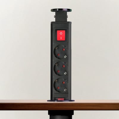 Pop-up Inbouw Stopcontact 3-voudig met Schakelaar - Kindveilig | 3500W | 1,5m Kabel | Zwart Geborsteld Metaal | Voor Bureau, Keuken & Meubels | [20430BBS]