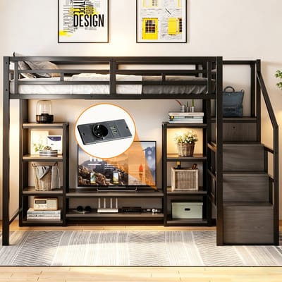 Hoogslaper - 140x200 cm - met TV-Standaard, Stopcontact en Veiligheidsladder - Metaal/Hout - Zwart