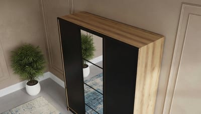 Kledingkast met spiegel Casa Velluto EDEN Premium 3-deurs - Slaapkamerkast met uittrekbare kledingroede en push-to-open deuren - 156,4x205x39 cm - Ambachtelijke eik & zwart - Opbergkast voor slaapkamer, hal of vestibule