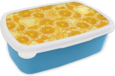 Broodtrommel Blauw - Lunchbox - Brooddoos - Zonnebloem - Zomer - Patronen - Bloemen - 18x12x6 cm - Kinderen - Jongen